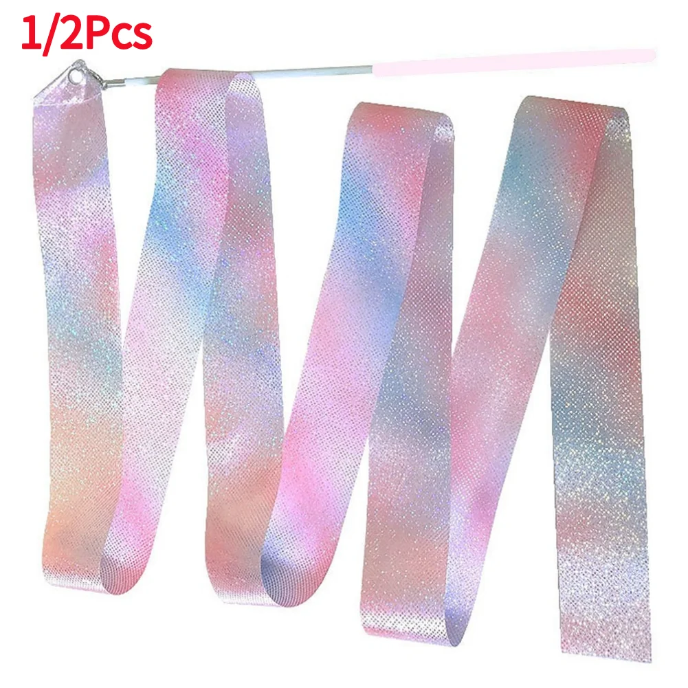 1/2pcs 2M/4M Art Gymnastics Ballet Dance Ribbon with Twirling Stick Kid Flashing Glitter Sport Performance Strip Stage Show Prop