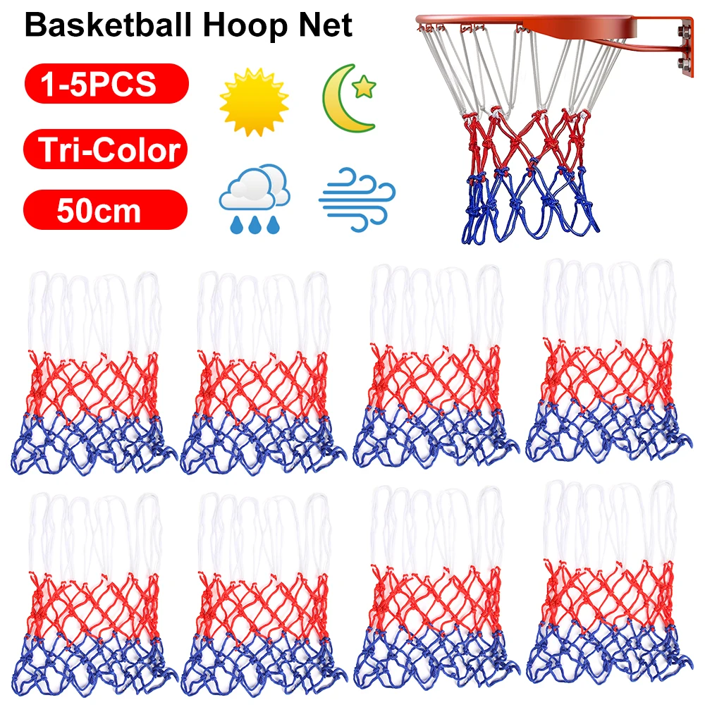 1-5pcs Basketball Hoop Basket All-Weather Basketball Net 12 Loops Tri-Color 50cm Standard Nylon Thread Rim Sports Entertainment