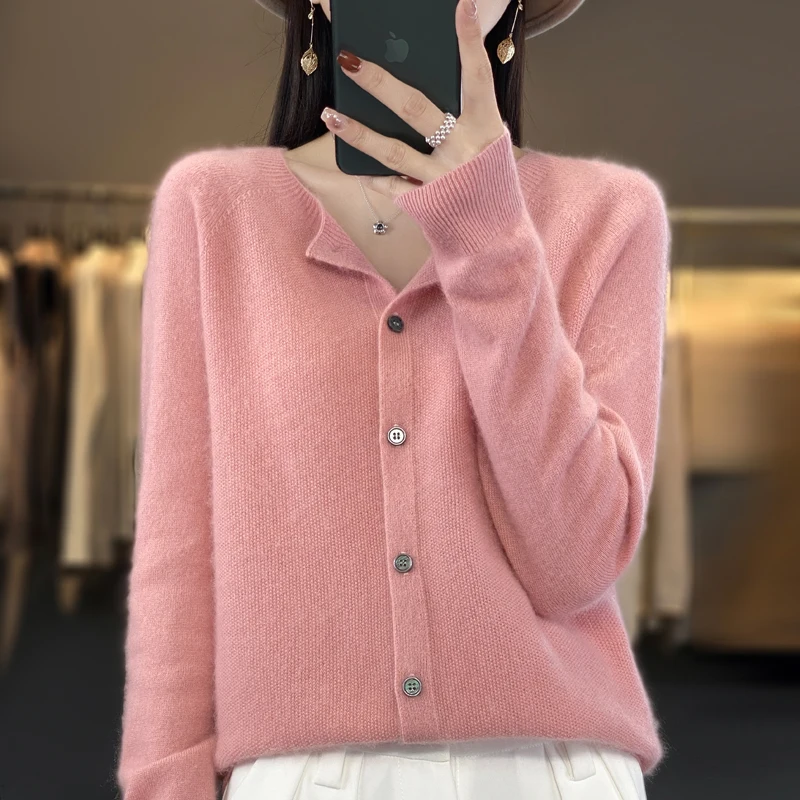 100% Merino wool clothing women’s round neck cardigan casual loose knit top spring and autumn new fashion