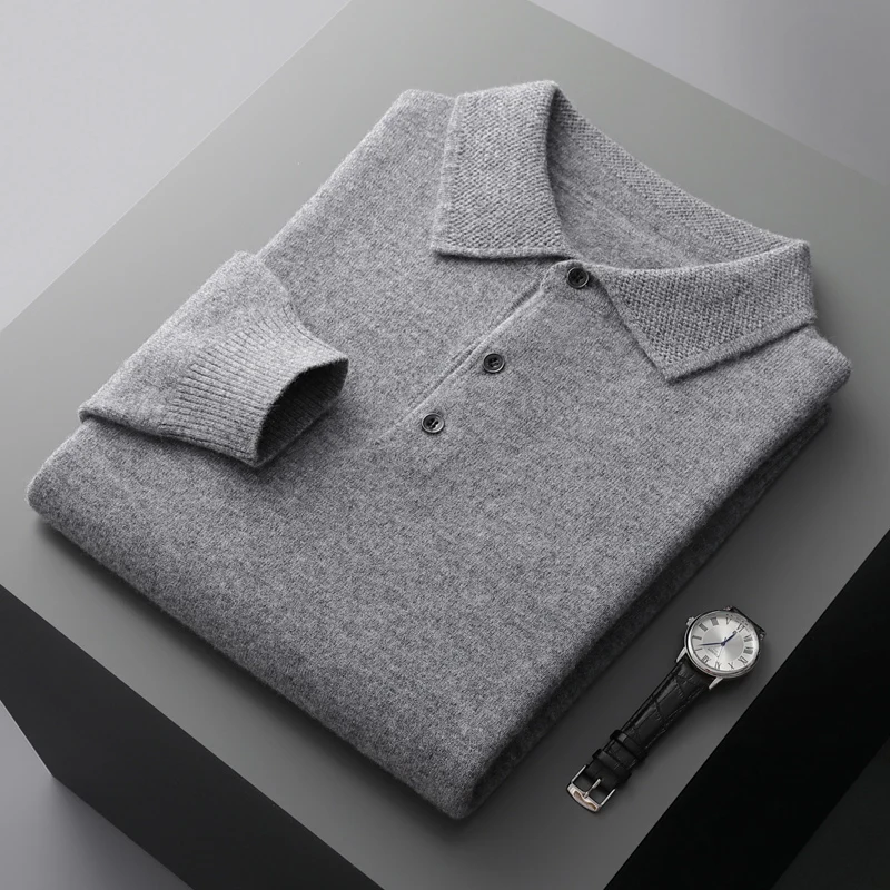 100% merino wool men’s lapel pullover long sleeve POLO neck sweater loose top business casual knit bottoming shirt