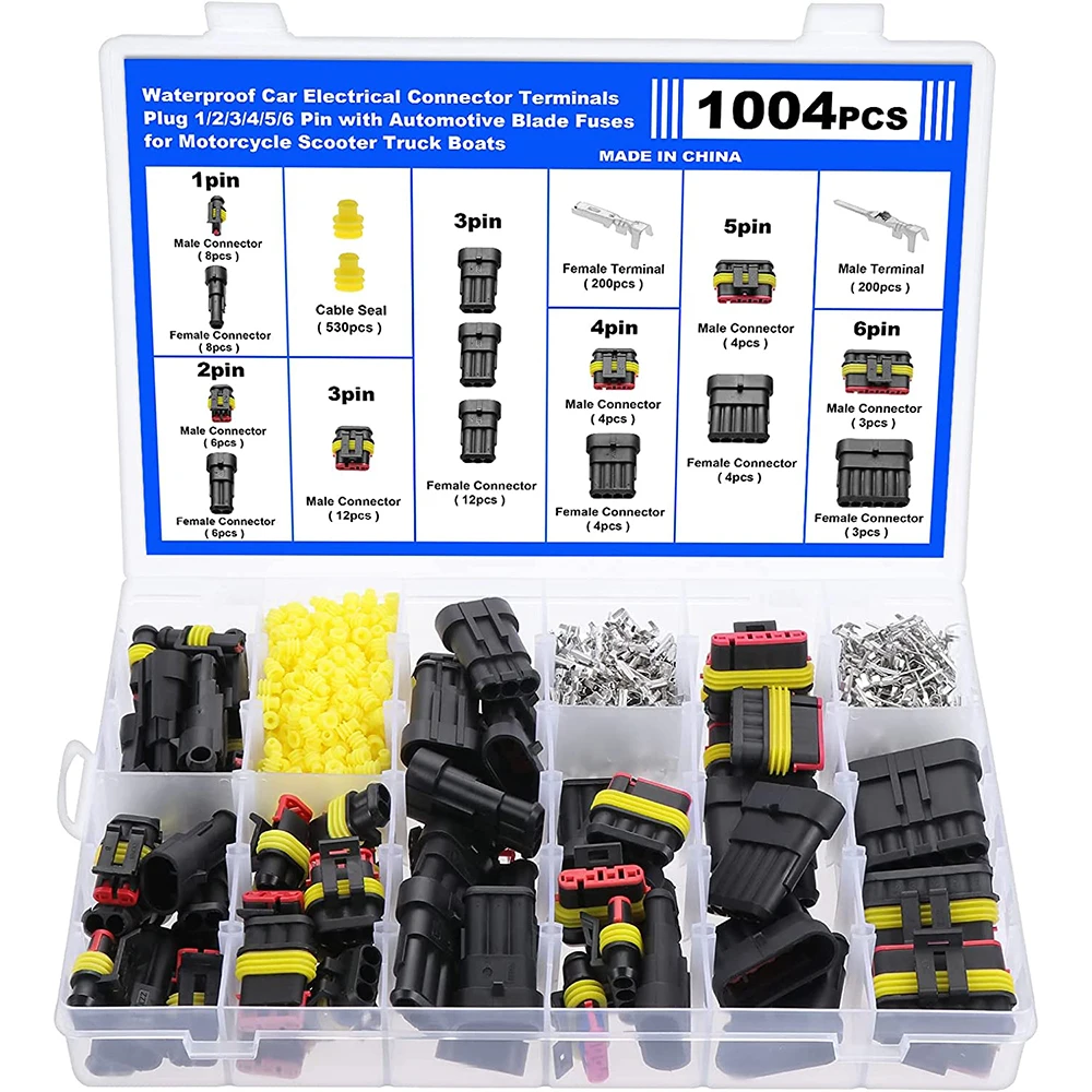 1004PCS Waterproof Automotive Electrical Connector Plug Kit 1/2/3/4/5/6 Pin with Automotive Blade Fuses for Car Motorcycle Truck