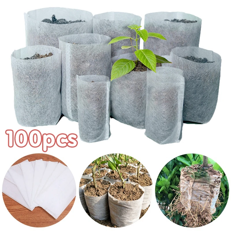 100pcs Biodegradable Nursery Bag Non-woven Fabric Plant Seeding Grow Bags Garden Seedling Growing Planter Sow Flower Pots