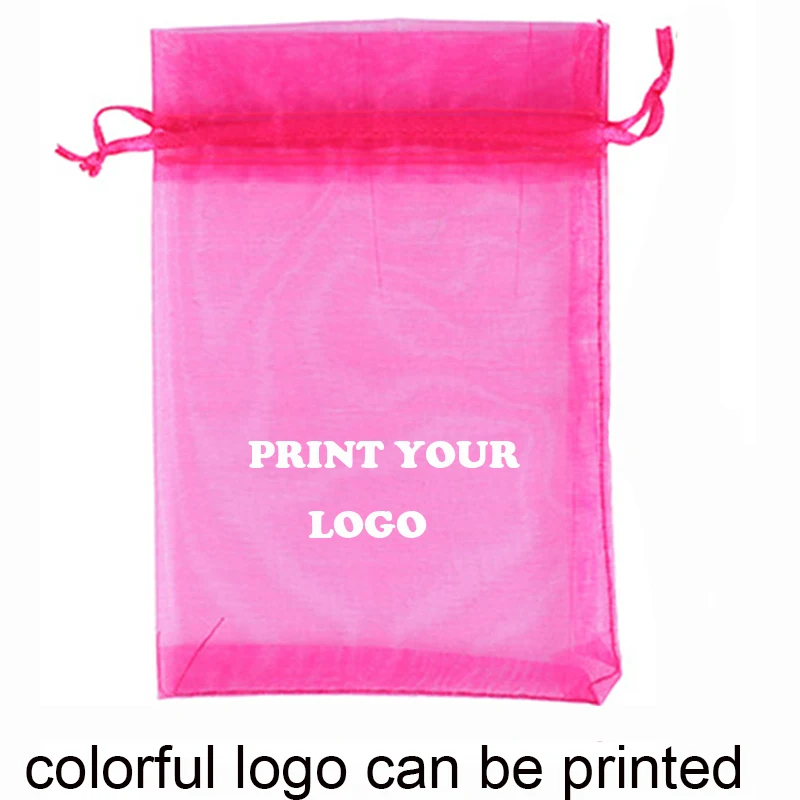 100pcs customized logo printing bags Drawstring Organza Bag small Pouches Jewelry Package Makeup Wedding Packaging Mesh Gift Bag