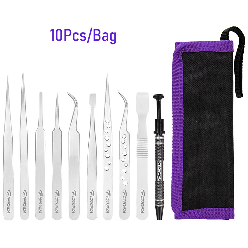 10Pcs/Bag Stainless Steel Tweezers Set Precision Curved Straight Repair Tools Professional Maintenance Industrial Tweezers