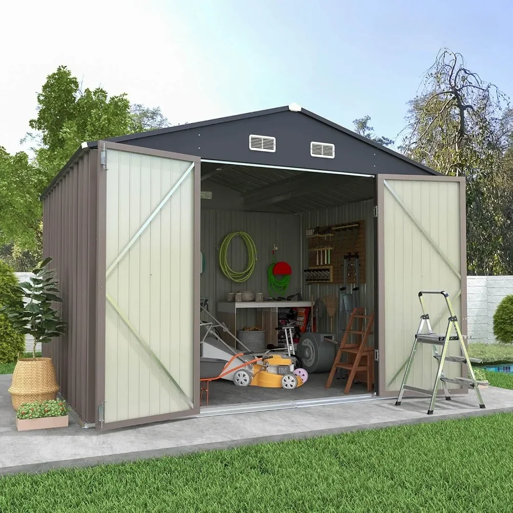 10×8 FT Outdoor Storage Shed, Large Garden Tool Metal Shed with Sloping Roof and Double Lockable Door Cabanons De Jardin