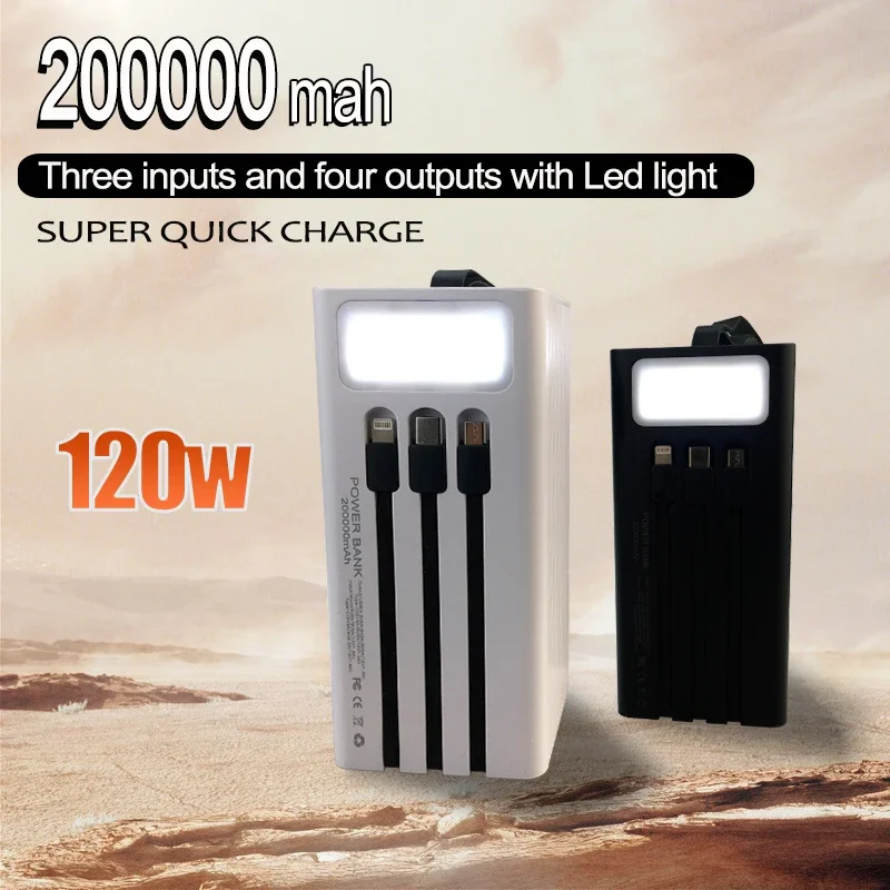 120W New Mobile Power Supply 200000Ah Large Capacity Ultra Fast Charging Intelligent Digital Display Screen with LED