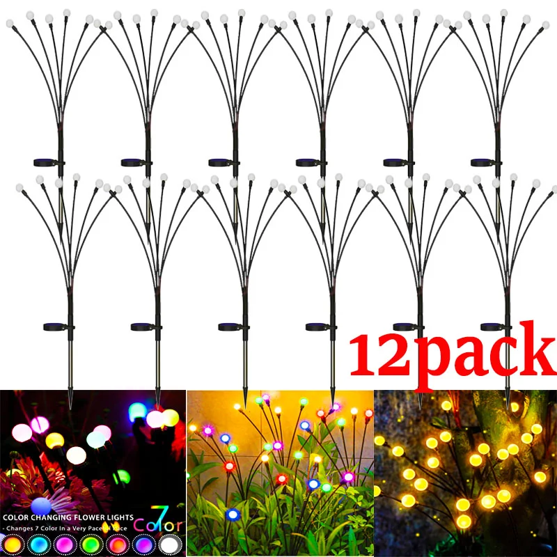 12Pack Outdoor LED Solar Lights Waterproof Starburst Solar Firefly Lights Lawn Lamp Garden Lamp for Path Landscape Decorative