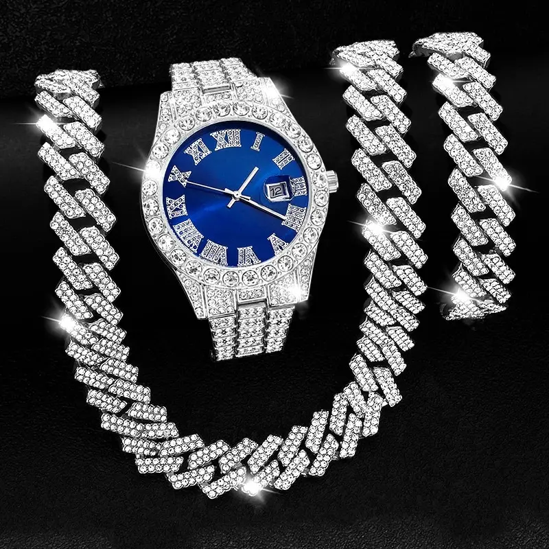 14mm Hip Hop Cuban Link Chain Set Necklace +Watch+Bracelet Miami Chain Sets Iced Out Jewelry Sets For Women Men Jewellery