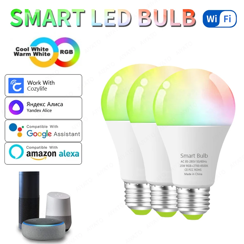 15W WiFi Smart Light Bulb E27 LED RGB Lamp Work with Alexa Google Home Alice Voice Control RGB+CW+WW Dimmable Timer Function