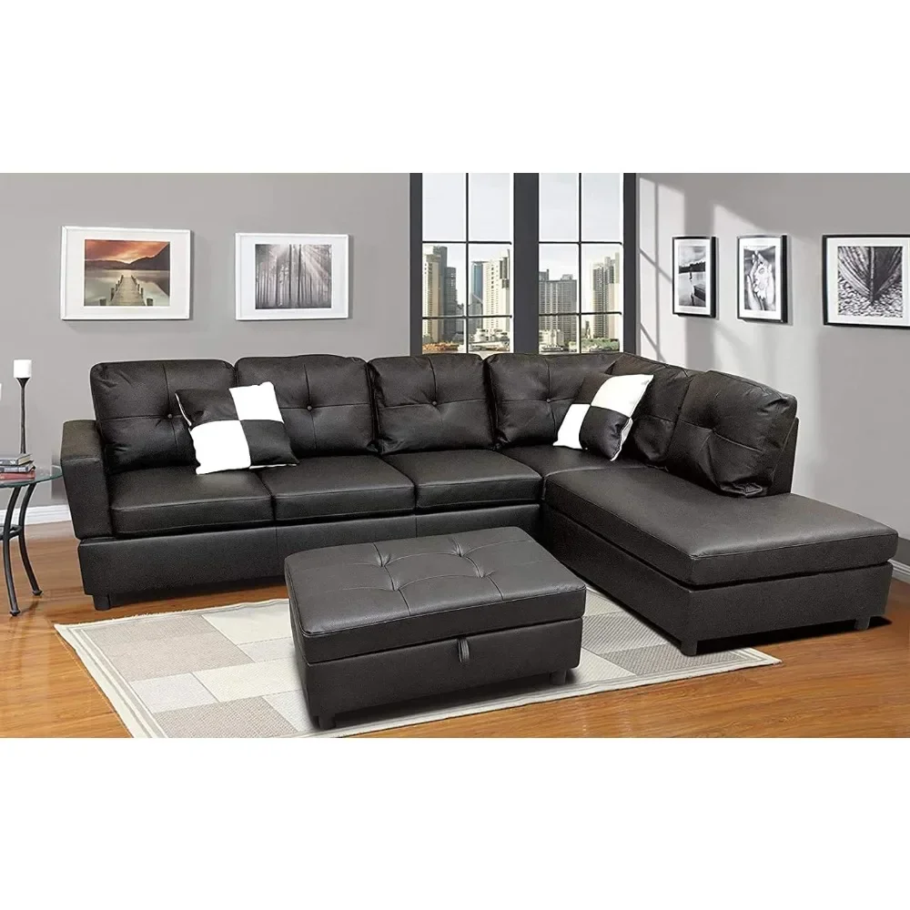 Sofa Sectional Sofa with Chaise Longue, Haussmann, 2 Pillows,for Living Room Furniture,L-shaped Faux Leather Sectional Couch Set