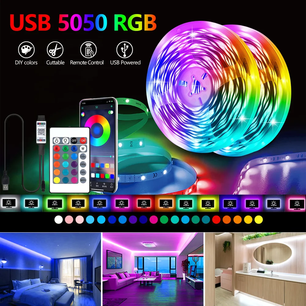 LED Strip Lights RGB APP Control Color Changing Lights with 24 Keys Remote Mode for Room Decoration Bluetooth TV SMD5050 RGB