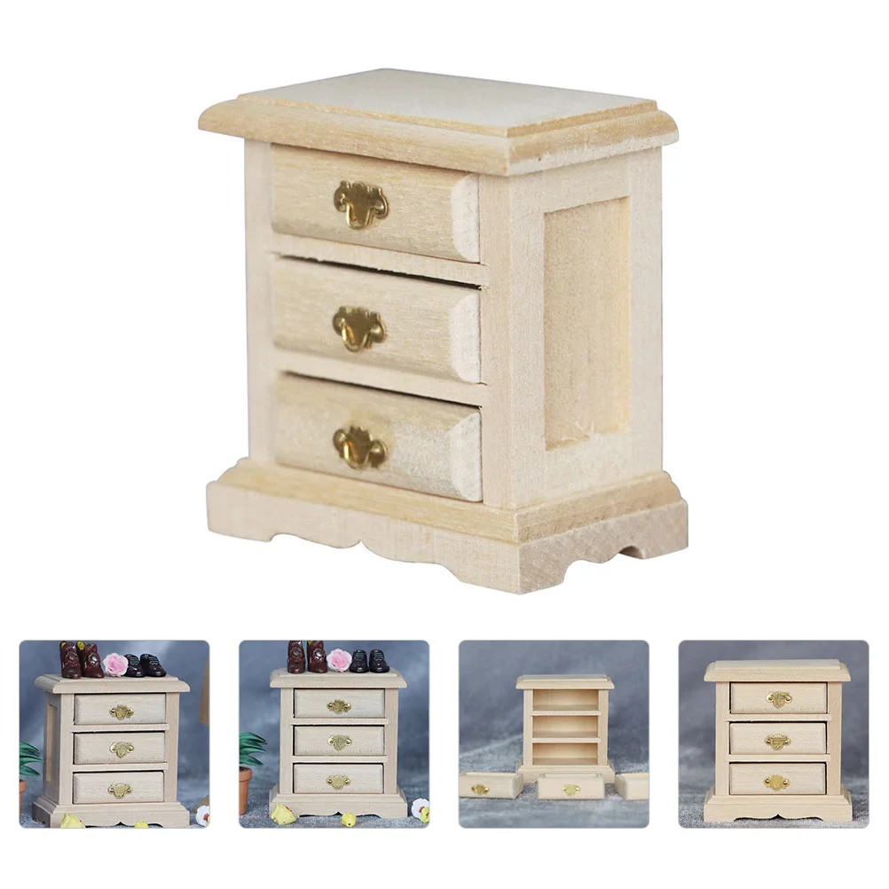 1PC Mini House Night Table Model Wooden Mini Bedside Table Model Decoration Furniture