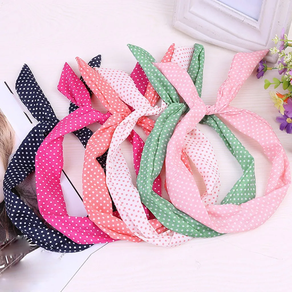 1Pc Cute Sweet Polka Dot Bow Rabbit Bunny Ear Headbands Womens Hair Band With Metal Wire Scarf Cross Bow Hair Accessories