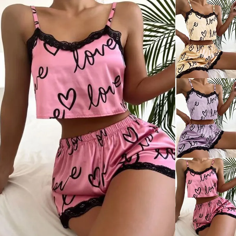 1Set Women’s Pajama Shorts Suit Homewear Print Underwear Pijama Sexy Lingerie Camisoles Tanks Nighty Ladies Sleepwear Women