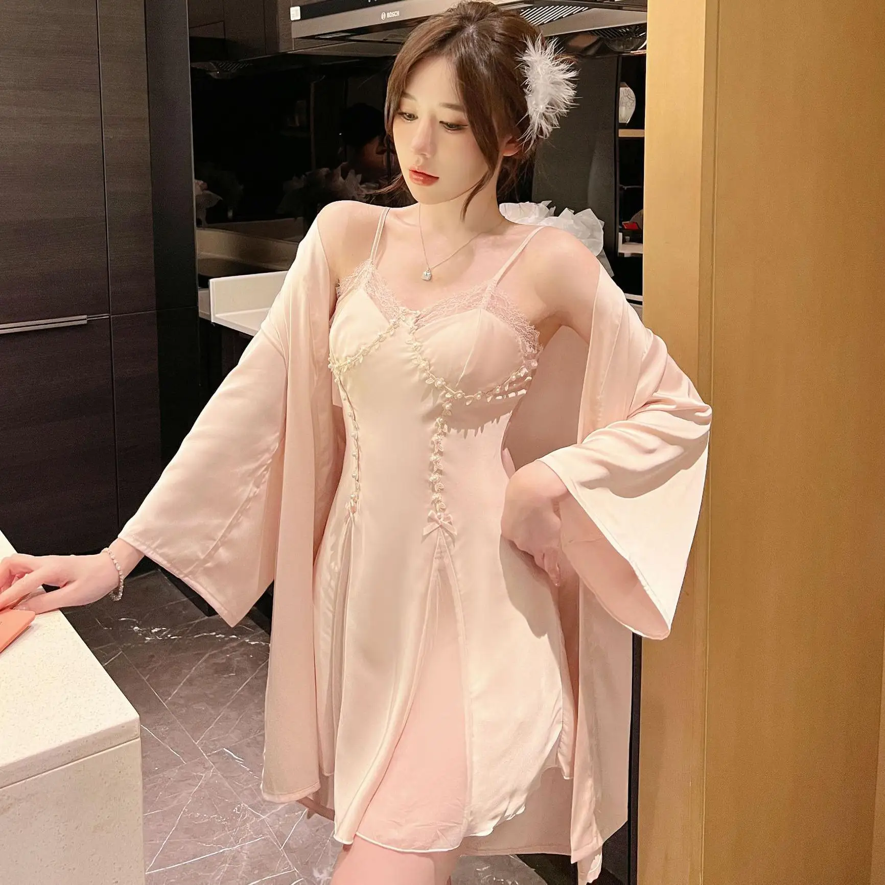 2 Piece Bathrobe Sleep Suit Women Rayon Nighty&Robe Set Loungewear Summer Lace Kimono Gown Sleepwear Nightgown Lingerie