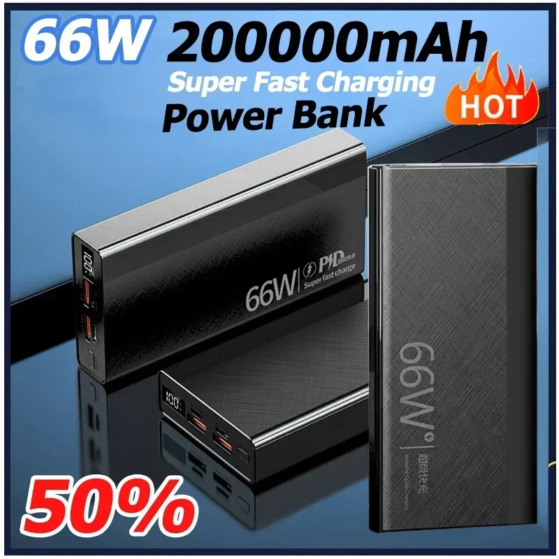 200000mAh Power Bank 66W Fast Charging Digital Display Rechargeable Battery Portable Suitable For IPhone Huawei Xiaomi Samsung