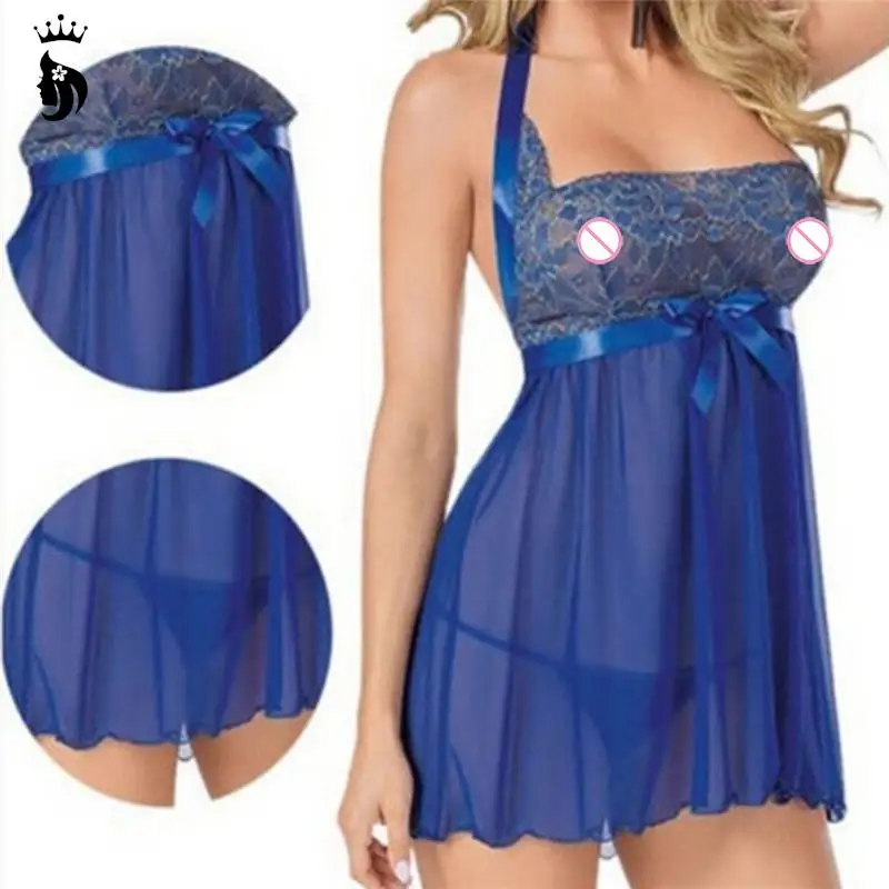 2021 New 1PC Blue Bow Lingerie Womens Robe Chemise For Women Sexy Lingerie Sleepwear Babydoll Underwear M-3XL Plus Size 1pc