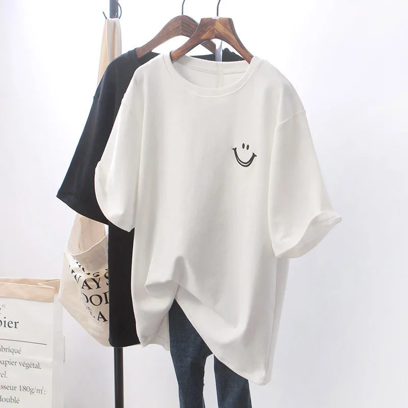 2022 Korean Batwing Short Sleeve Loose T-shirts Casual Women Floral Print Smile Face Black White All Match Trend Tee Top