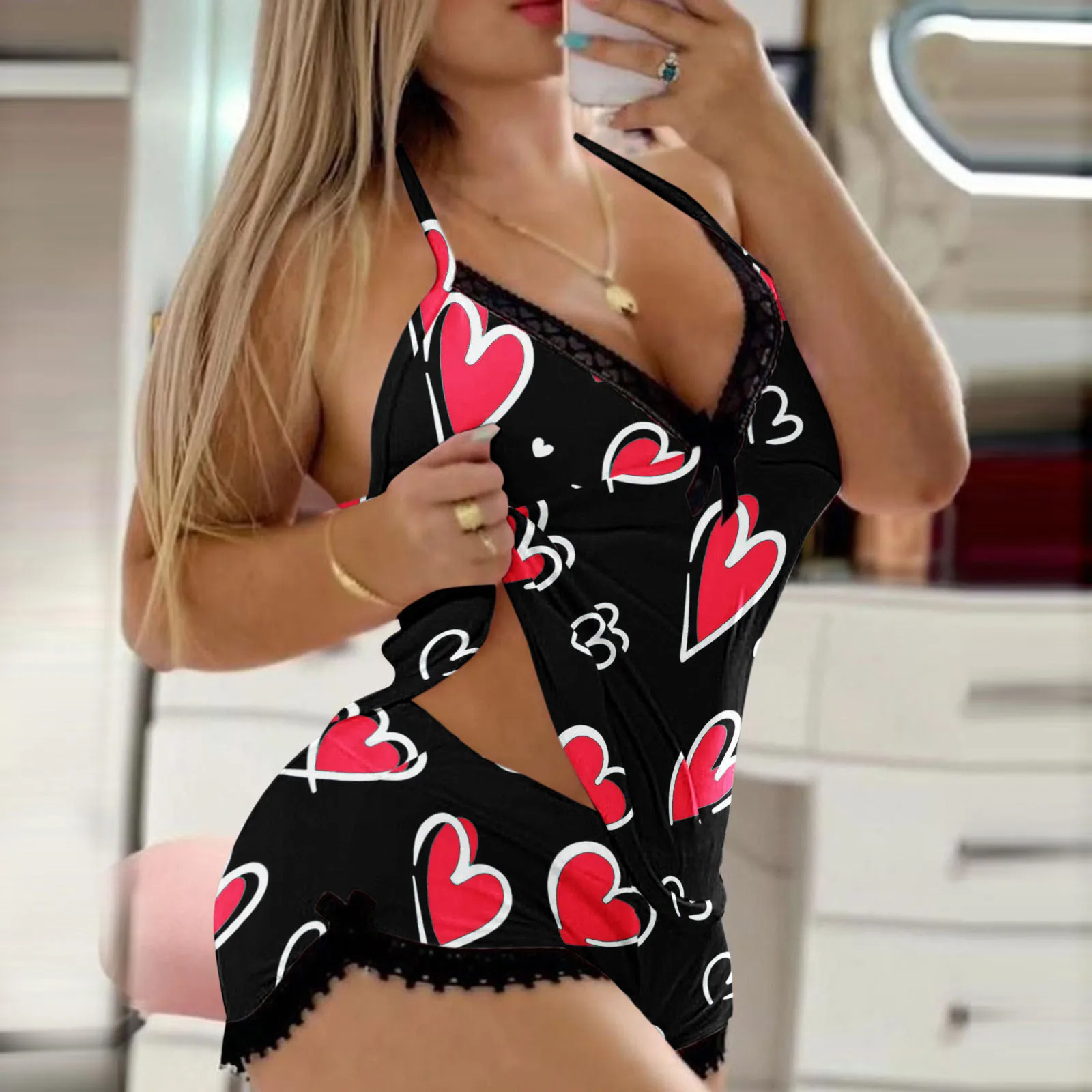 20224 Women Love Printed Pajama Set Sexy Lace Deep V Neck Lingerie Short Set Pijama Suit Sleepwear Underwear Nighties Pyjamas