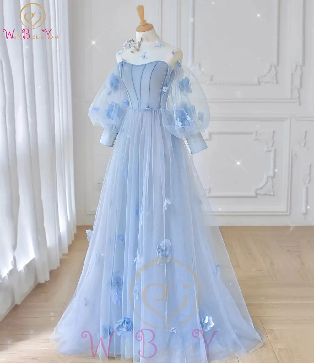 2023 Blue Prom Dresses Butterflies Cinderella Removable Full Sleeves Tulle A Line Evening Long Party Gowns Special Occasion