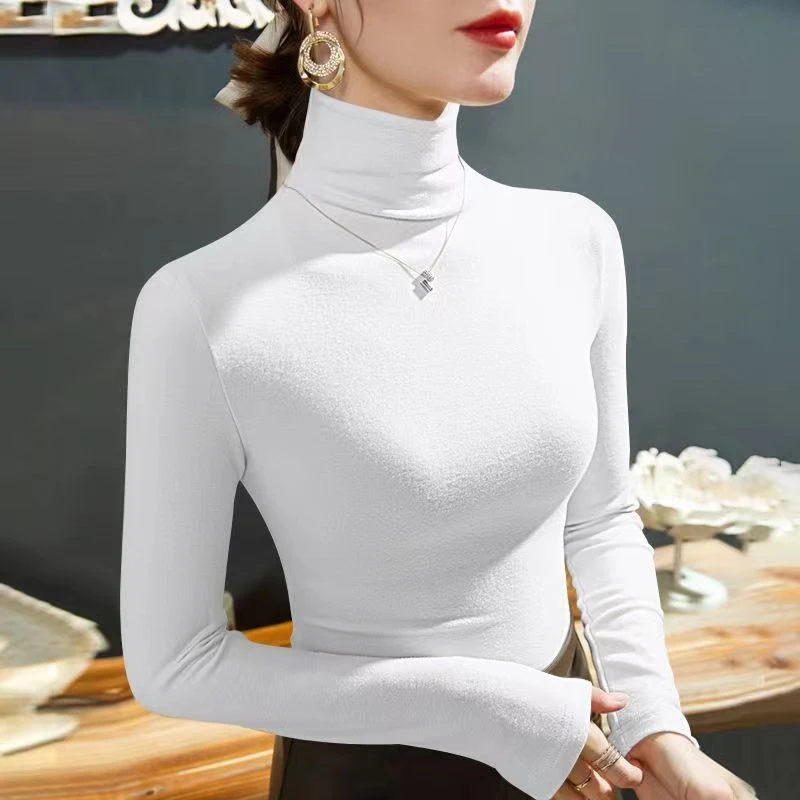 2023 Fashion Autumn Winter Female Turtleneck Fleece Stretch Shirt Women Long Sleeve T-shirt Warm Basic Pullover Bottoming Tops