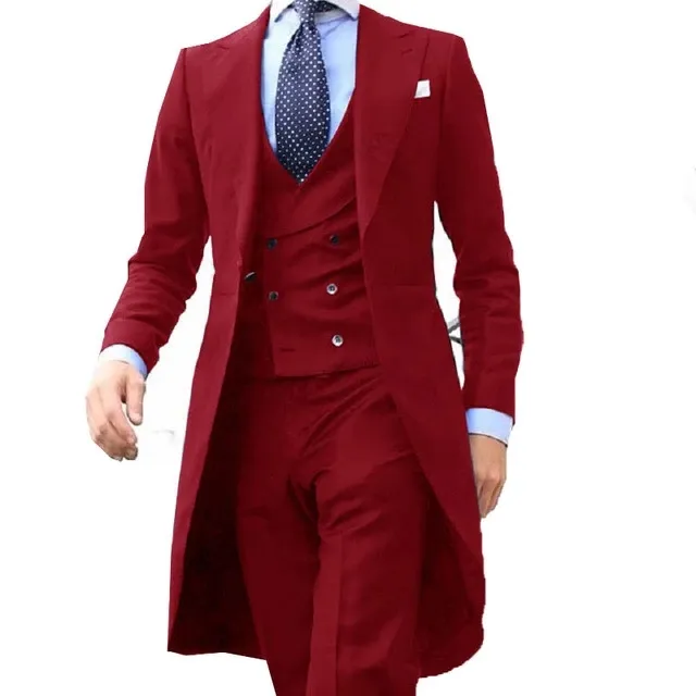 2023 New Arrivel Long Coat Designs Chinese Red Men Suit Gentle mens Tuxedo Prom Blazer Custom 3 Pieces (Jacket+vest+Pants)