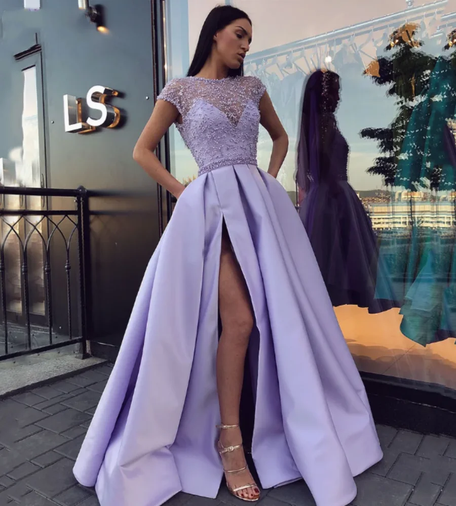 2023 Special Occasion Gowns  New Dubai Arabic Lavender Satin Prom Dresses with Slits Pearl Elegant Long Evening Boho Women