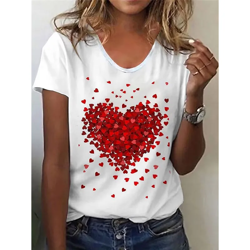 2023 Summer New Retro Women’s T-shirt Red Heart Fashion 3D Printing Short-sleeved Casual Street Sports O Collar Ladies Shirt