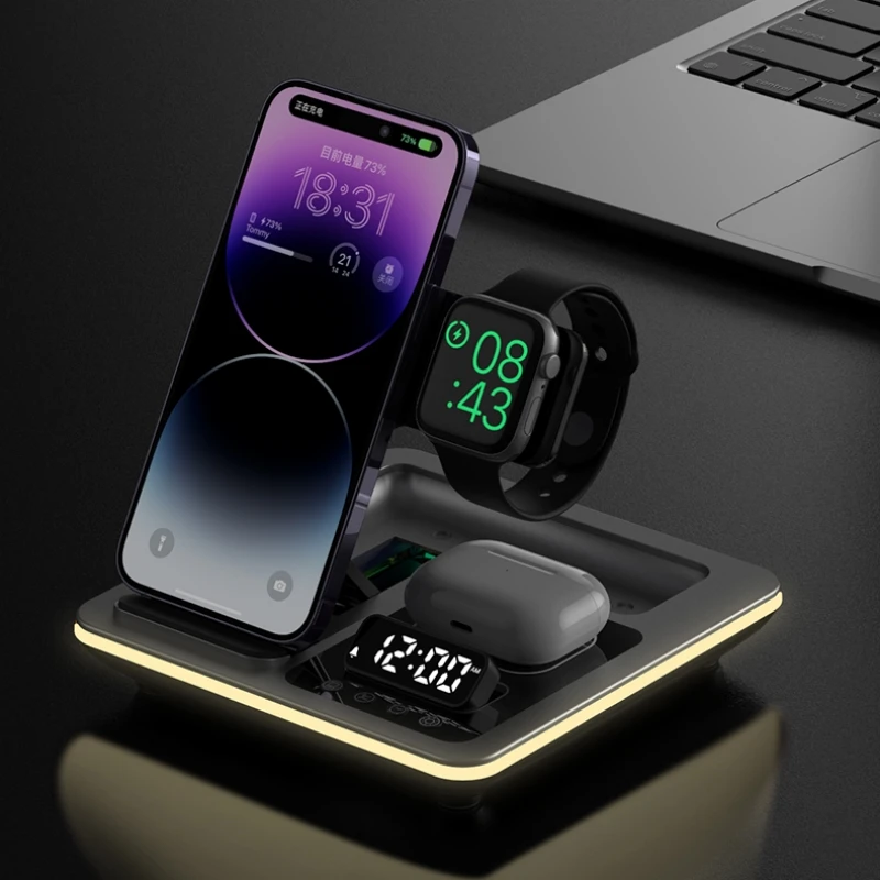 2024 5 in 1 Warm Light Wireless Charger Dock Fast Charging Station for Apple Airpods iWatch iPhone 12 13 14 15 with Alarm clock