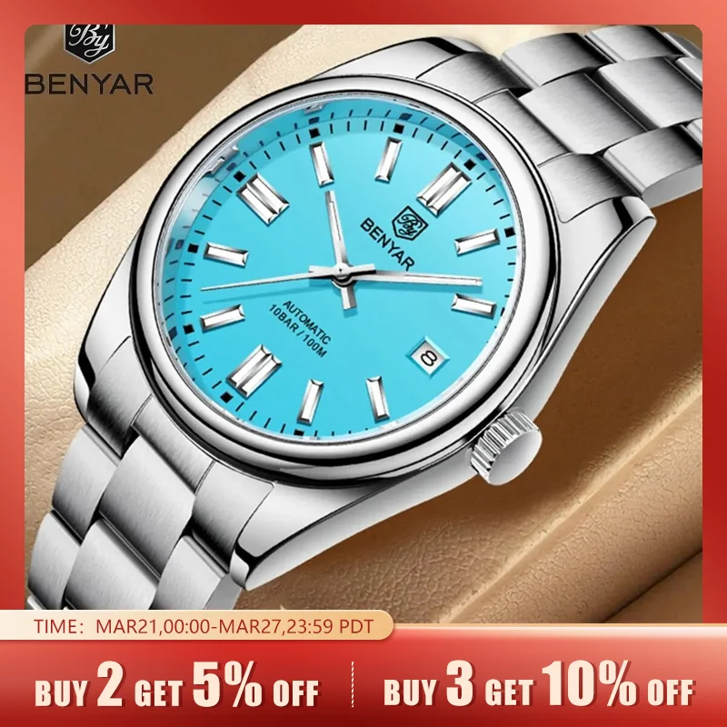 2024 BENYAR New Luxury Men Mechanical Wristwatches 10Bar Waterproof Automatic Watch Stainless Steel Sports Diving Watch for Men