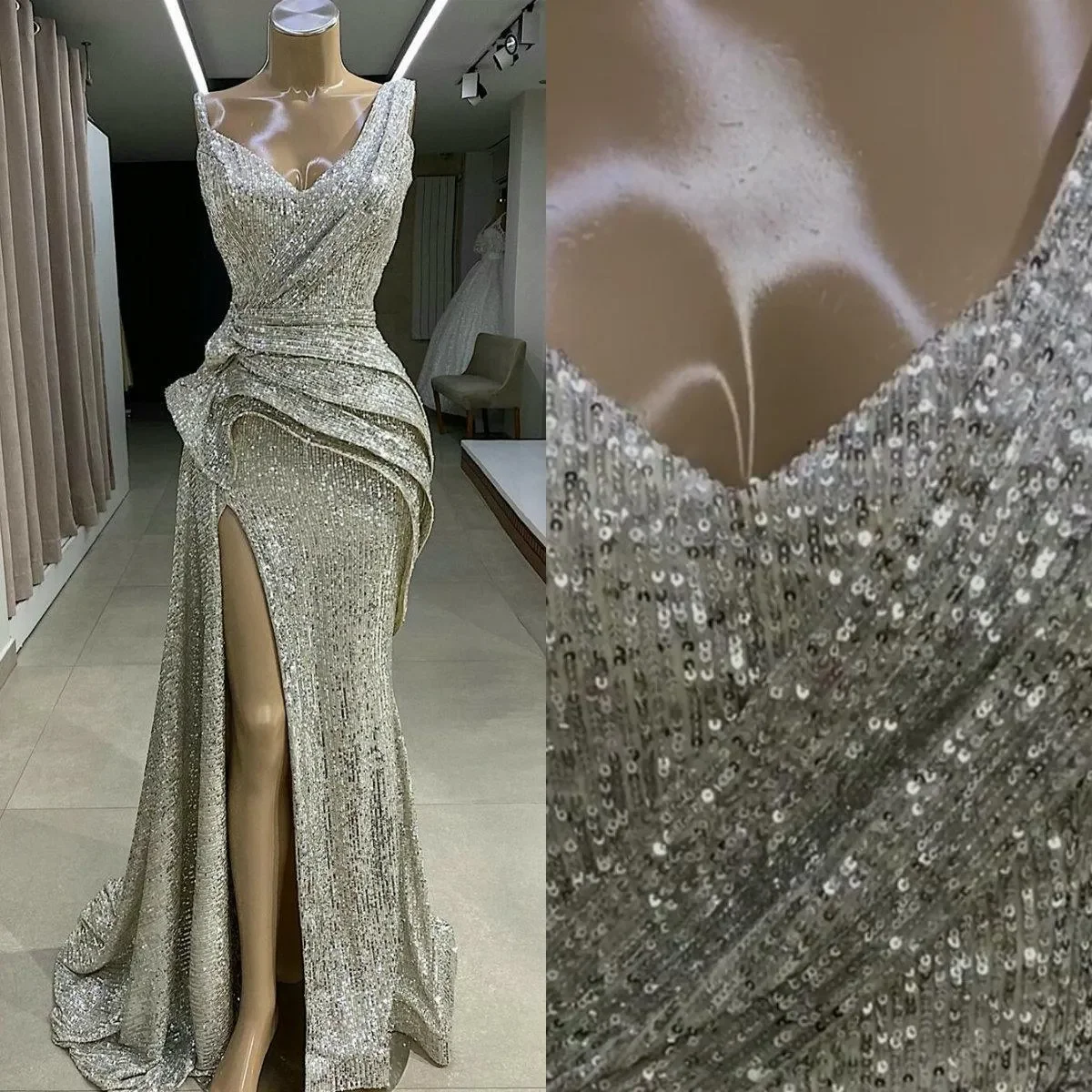 2024 Giltter Silver Sequins Prom Dresses V Neck Side High Split Ruffles Sweep Train Evening Party Gown Formal Occasion Wear