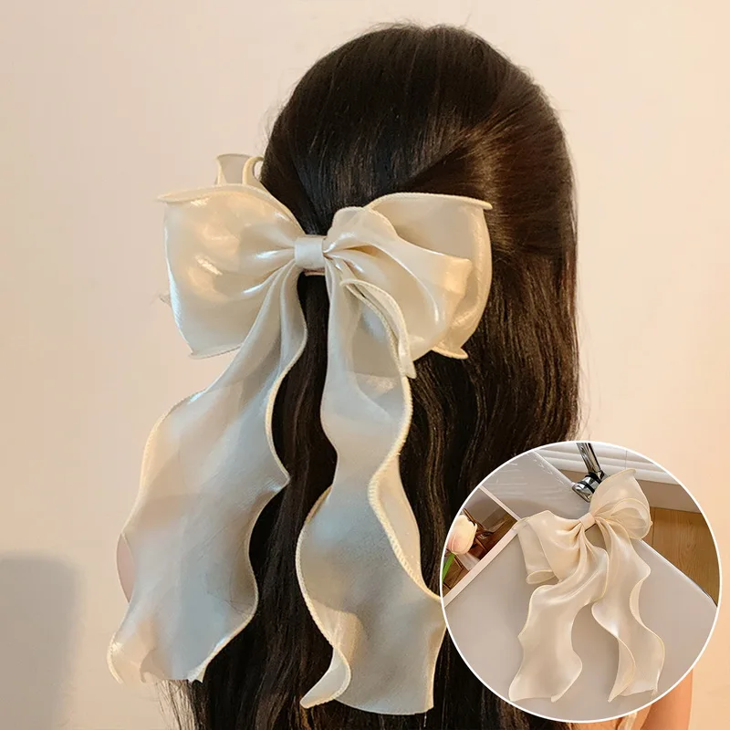 2024 Korean Hair Clip Multi-Layer Pearlescent Ribbon Bow Spring Hairpins Women’s Creative Chiffon Clips Girls Hair Accessories