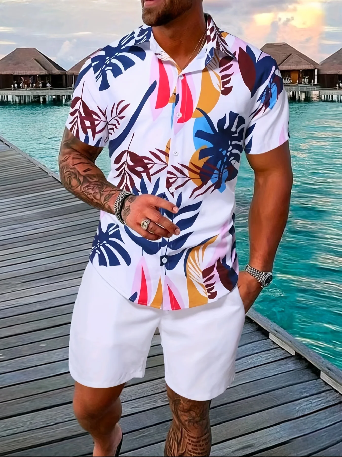 2024 Men Summer Sets Print Lapel Short Sleeve Casual Shirt Beach Shorts Streetwear Vacation Hawaiian Suits Men Cothing