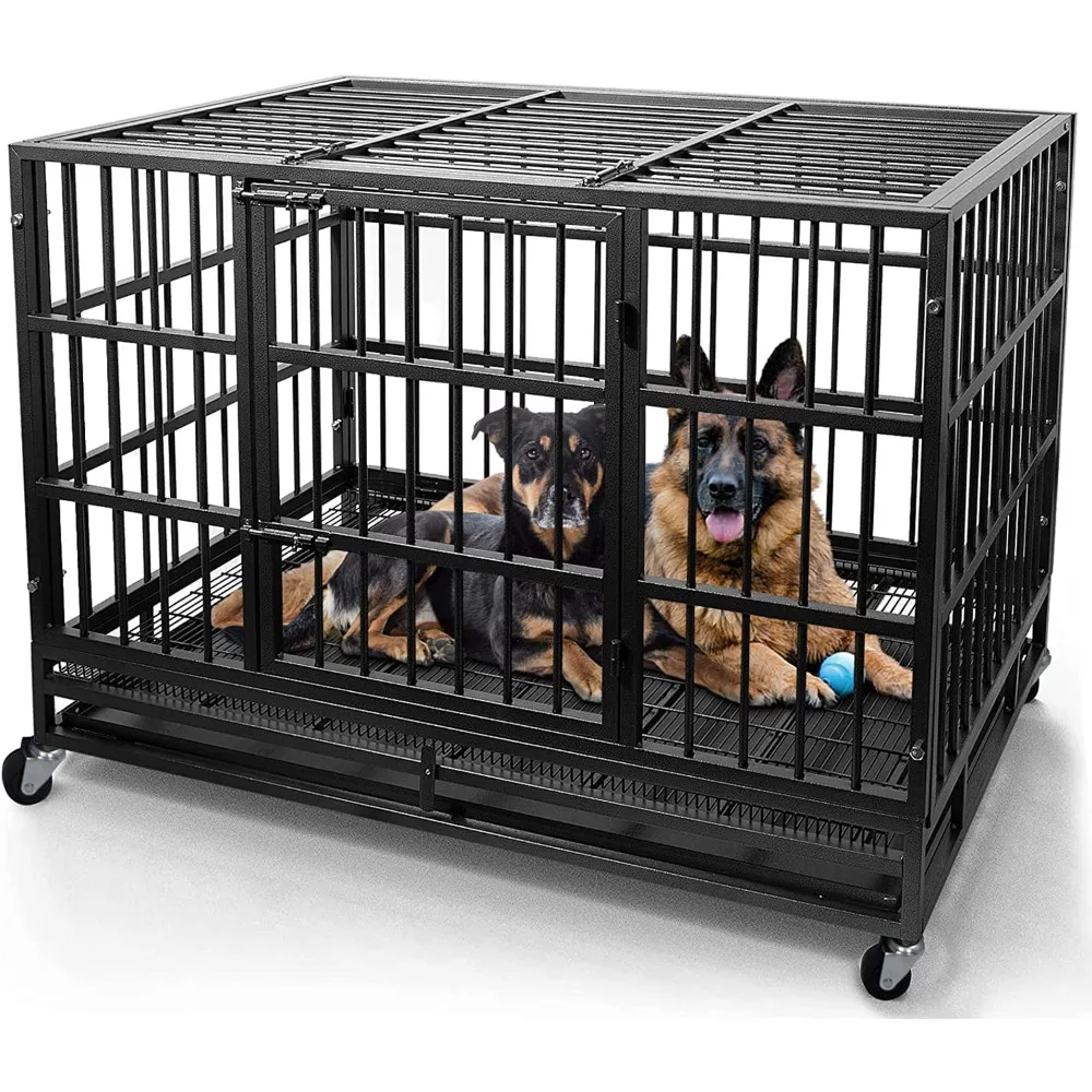 2024 New Heavy Duty Dog Crate Cage Kennel with Wheels, High Anxiety Indestructible Dog Crate, Sturdy Locks Design