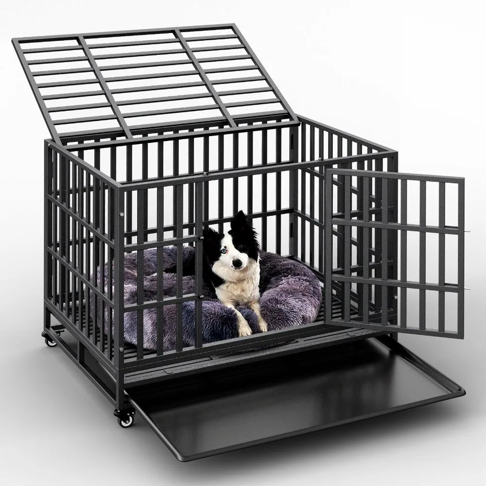 2024 New Heavy Duty Indestructible Dog Crate with Lockable Wheels, Double Door, and Removable Tray