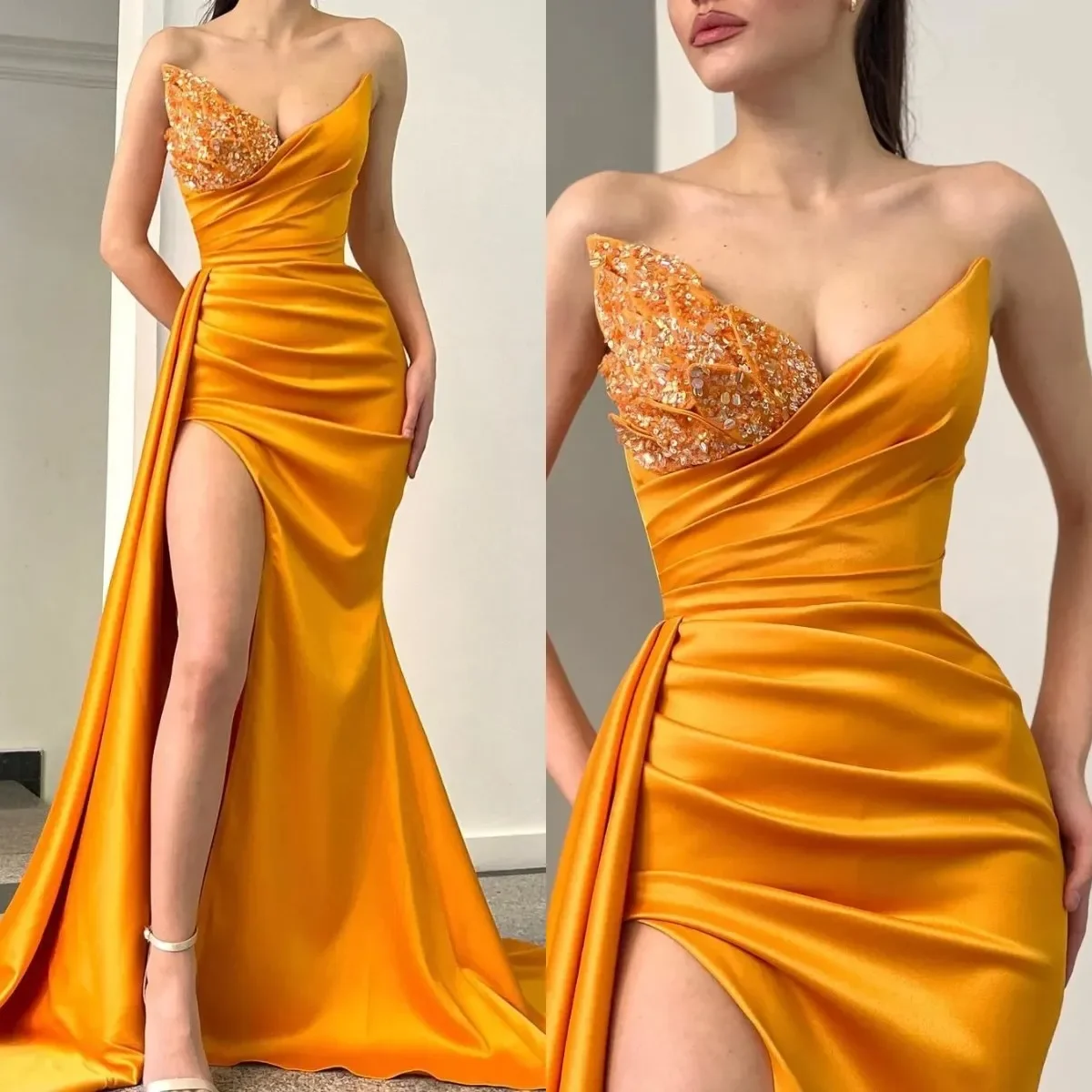 2024 Sexy Mermaid Prom Dresses Orange V Neck Sequins Party Evening Dress Split Pleats Sweep Train Dresses For Special Occasions