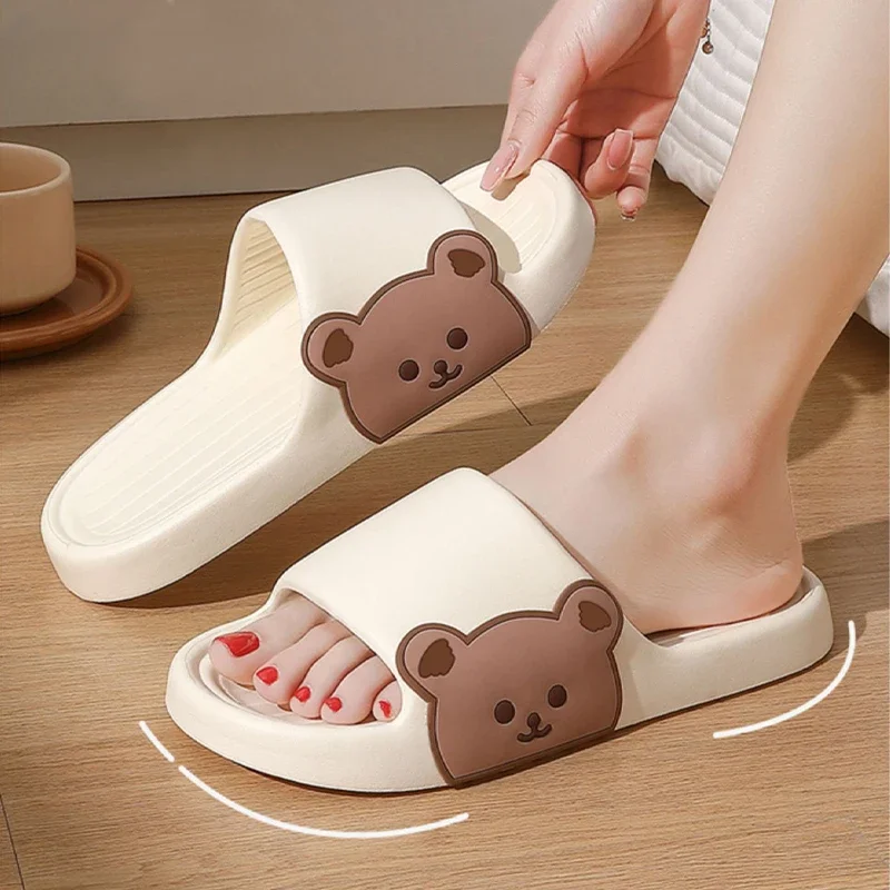 2024 Summer Women Slippers Beach Slides Cartoon Bear Flip Flops Men’s Thick Sole Indoor Bathroom Anti-Slip Shoes Couple Sandals