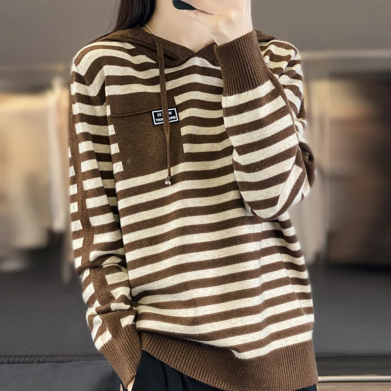 2024 women’s cashmere sweater striped loose long sleeved sweater women’s sweater women’s cashmere women’s loose women’s pullover