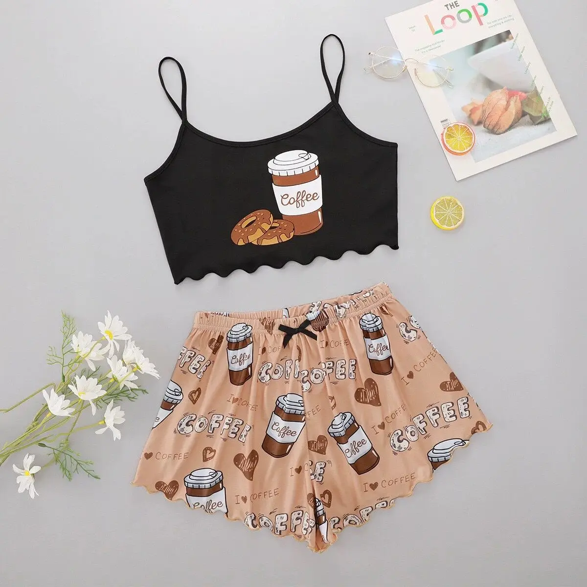 2PCS Cute & Comfy Coffee Bread Print Pajamas Sleeveless Pajama Top & Pajama Shorts Set Women’s Loungewear & Sleepwear