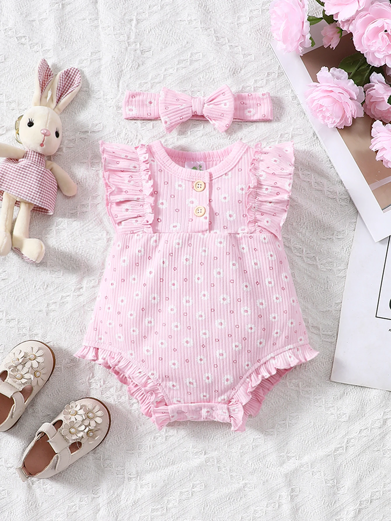 2PCS Summer Baby Girl Jumpsuit with Round Neck Butterfly Sleeve Design, Cute Sweet and Lively Princess Style Newborn Jumpsuit