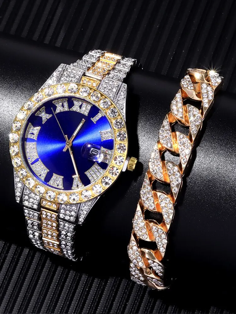 2PCs Fashion Luxury Full Diamond Steel Band Calendar Roman Scale Men’s Steel Band Quartz Watch with Diamond Chain Bracelet Set