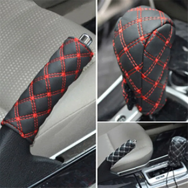 2Pcs/Set Faux Leather Hand Brake Shift Knob Cover Gear Case Car Interior Decor Shift Knob Shell Car Accessory