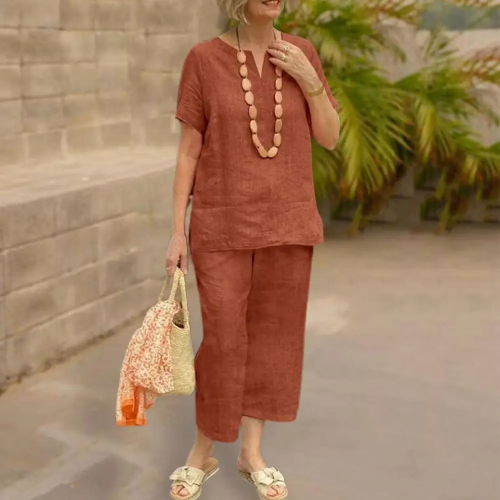 2Pcs/Set Women’s Cotton Linen Summer Suit Casual Loose Fit Wide Leg Pants Solid Color Stylish Ladies Suit Summer Supply