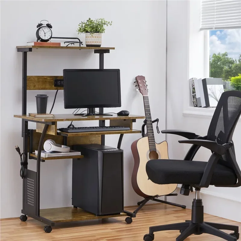 3 Tiers Computer Desk with Charging Station Printer Shelf for Home Office, Rustic Brown