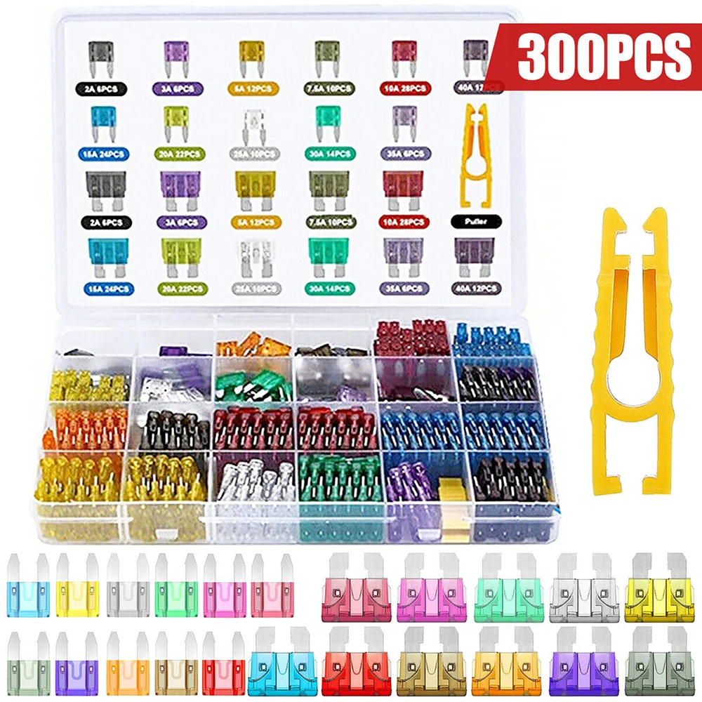 300pcs automotive fuse combination package, blade type automotive fuse standard and mini size automotive/RV/motorbike/marine fuses