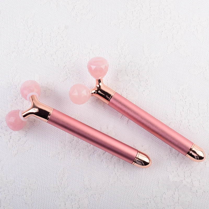 3D Rose Gold Electric Face Roller Natural Stone Crystal Quartz Jade Big Frequency Eye Massage Skin Care Neck Detox Beauty Tool