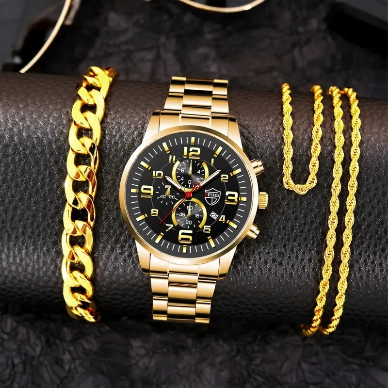 3PCS Fashion Mens Gold Necklace Bracelet Watches Set Men Business Casual Stainless Steel Quartz Watch Male Calendar Wristwatch