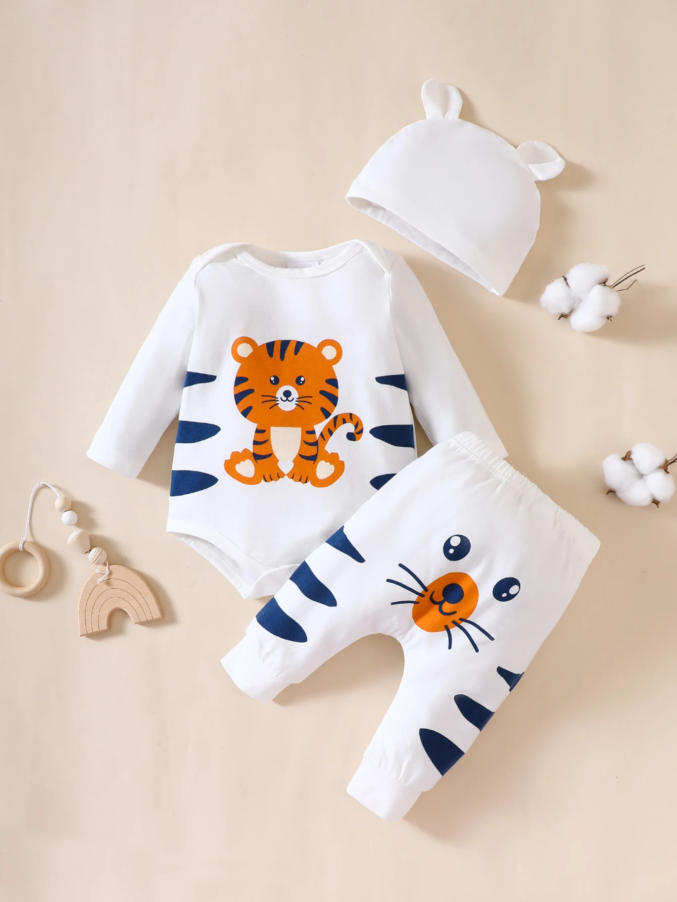 3PCS Spring And Autumn Girls  Boys  Hooded Round Neck Long Sleeve Tiger Romper Pants Fashion And Warm Infant Toddler