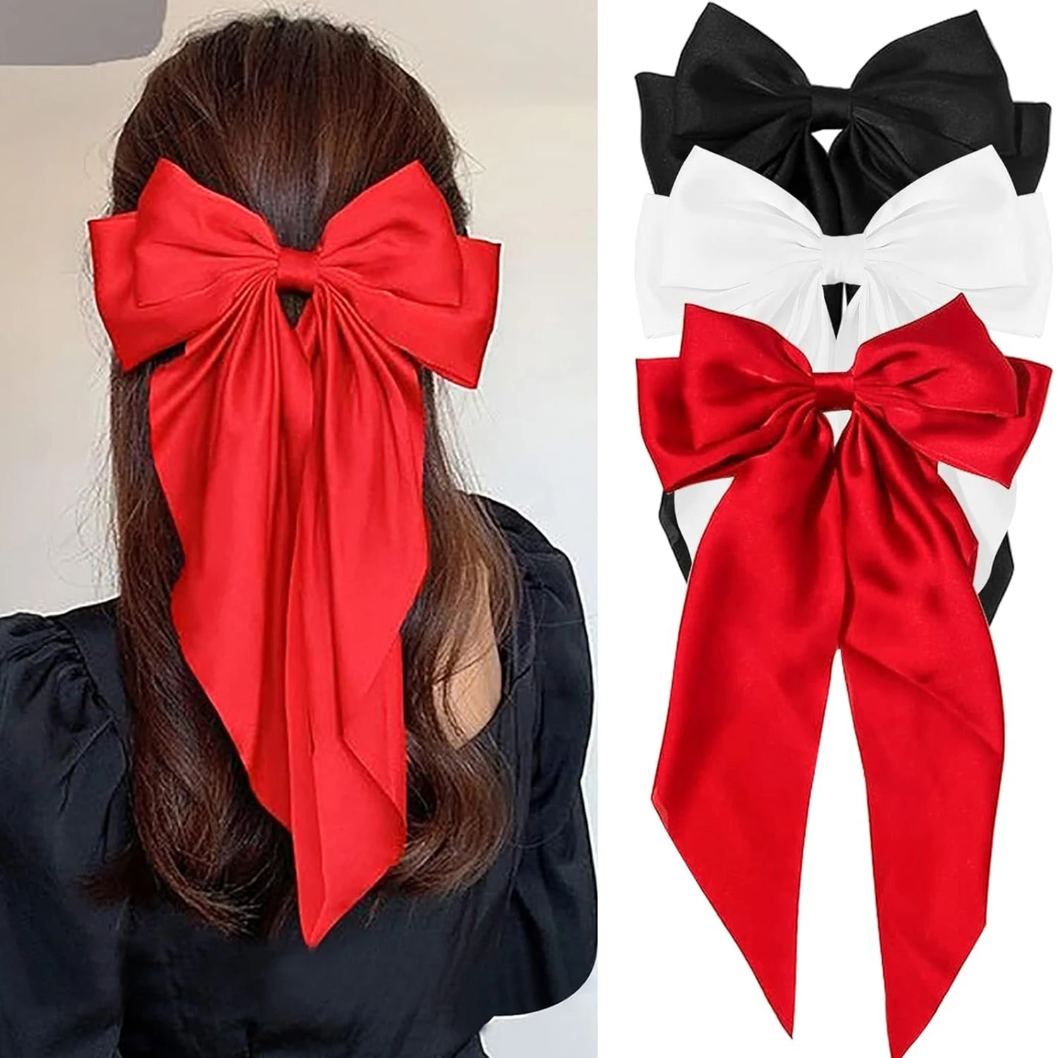 3Pcs Elegant Bow Ribbon Hair Clip for Women Fashion Solid Satin Spring Clip Hairpin Headband with Clips Girls Hair Accessories