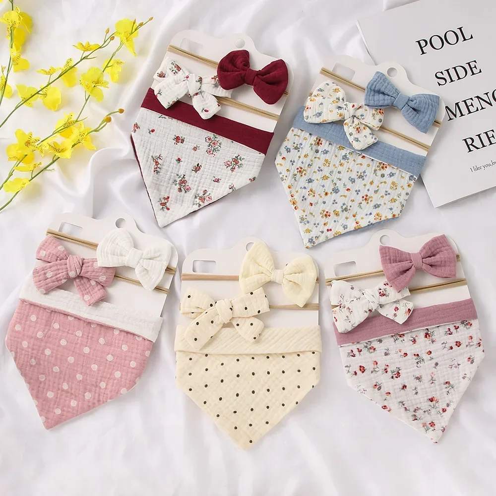 3Pcs/Set Muslin Cotton Baby Bib Bow Headband Adjustable Button Triangle Saliva Towel Print Infant Boy Girl Feeding Burp Cloth